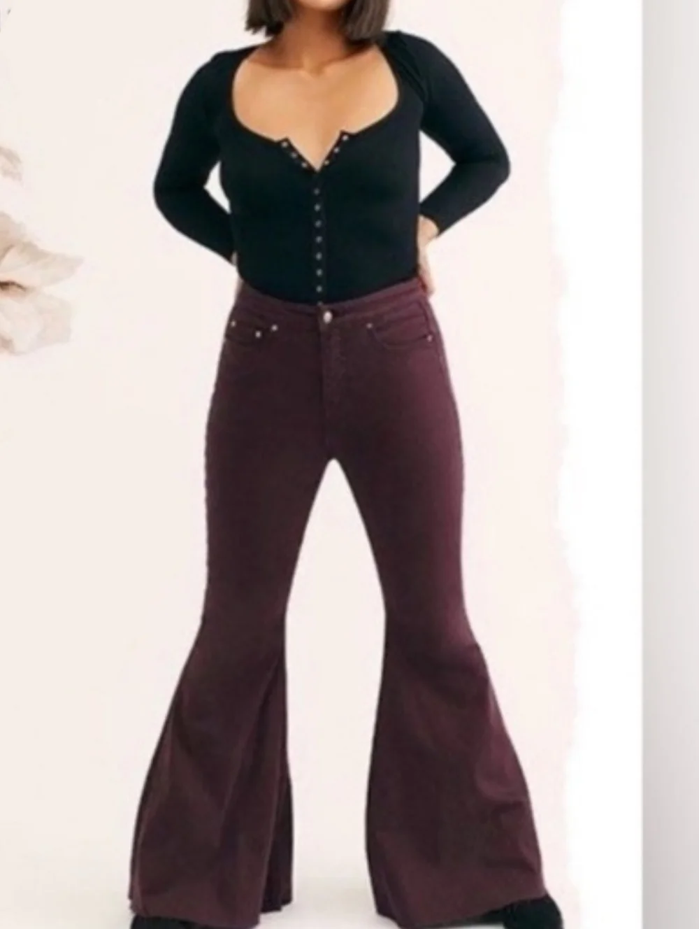 NEW We The Free Crvy High Rise Lace Up Flare Jeans Burgundy